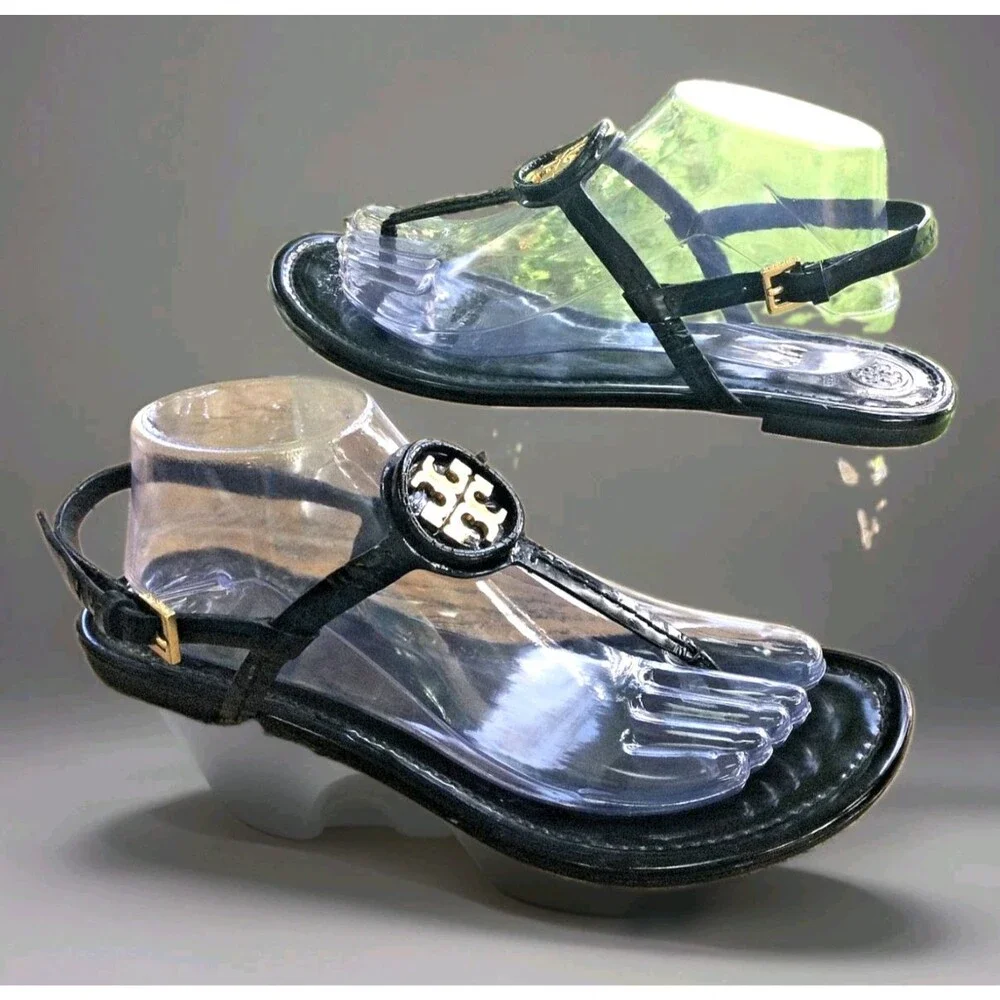 Tory Burch Dillan Black Patent Leather Flat Sandal Womens Size 10.5